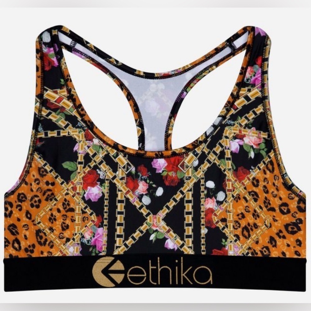 ethika Floral & Leopard Print Racerback Sports Bra in Black & Orange